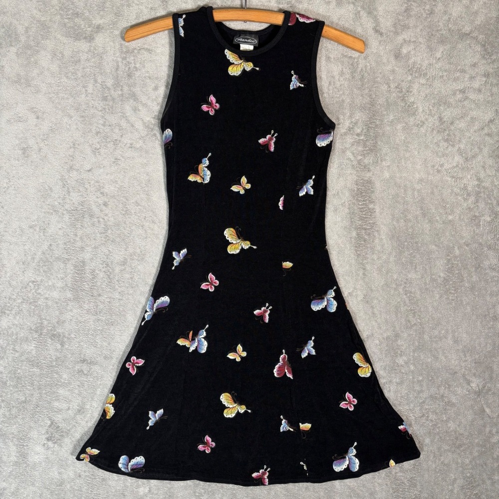 Mandee Vintage 90s Butterfly Print Mini Dress Black Fit Flare Y2K S Fairycore